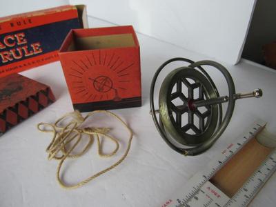 Old Gyroscope in Original Box and Vintage Plastic Face Slide Rule in Original Box