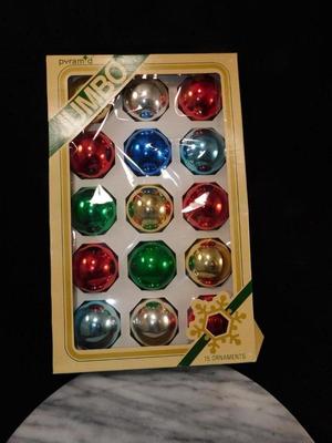 Box of 15 Vintage Pyramid Jumbo Christmas Ornaments Original Box