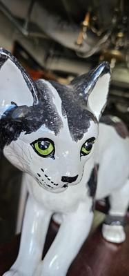 Large Black and White Ceramic Cat 10" high x 16" long Italian