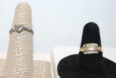 2 Rings Both Size 7 - 1 Silver Tone Heart and Triple Layered Gold Tone - One Stone Missing