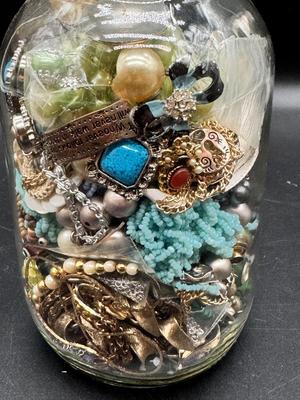 Pint Jar of Craft Jewelry Beads - Pretty Pearls and Turquoise Seed Beads