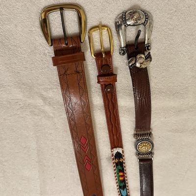 3 Mens Belts, Leather, Western, Beaded, Size 30 (B1)