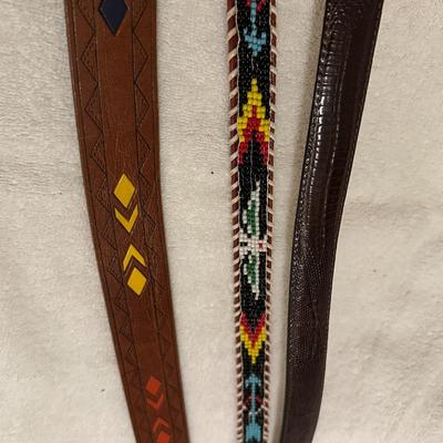 3 Mens Belts, Leather, Western, Beaded, Size 30 (B1)