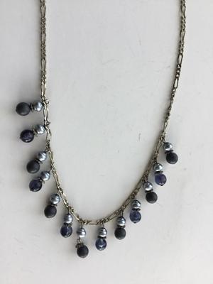 Silver tone black and blue fashion beaded necklace