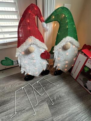 Christmas- Set of 2 Lighted Gnomes; Tested/Works
