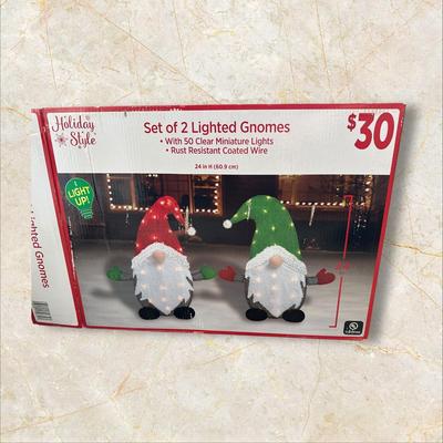Christmas- Set of 2 Lighted Gnomes; Tested/Works