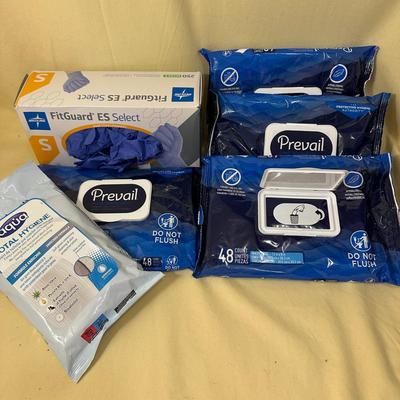 Personal Care Items Lot- Prevail Washcloths, Box of Latex Gloves
