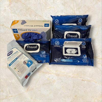 Personal Care Items Lot- Prevail Washcloths, Box of Latex Gloves