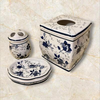 Waverly 3 Piece Vanity Bathroom Set Blue Flowers on White