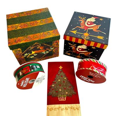 Holiday Lot - 2 Rolls of New Ribbon, 2 Stacking Boxes, and Napkins