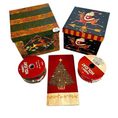 Holiday Lot - 2 Rolls of New Ribbon, 2 Stacking Boxes, and Napkins