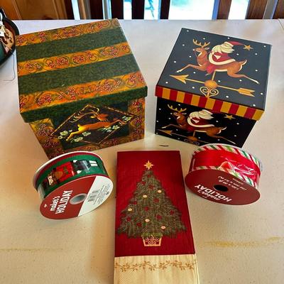 Holiday Lot - 2 Rolls of New Ribbon, 2 Stacking Boxes, and Napkins