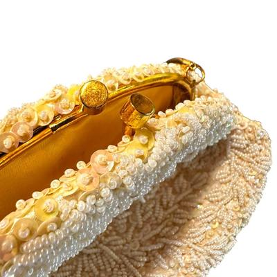 La Regale Beautiful White Beaded Evening Bridal Clutch with Chain