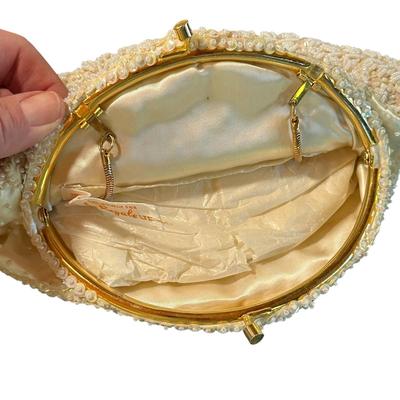 La Regale Beautiful White Beaded Evening Bridal Clutch with Chain