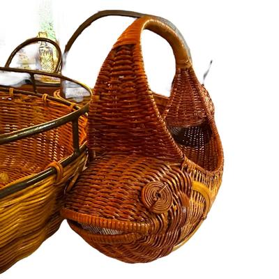 Lot of 4 Baskets, 1 is a Fish, one with Wood Bottom