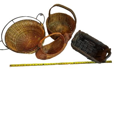 Lot of 4 Baskets, 1 is a Fish, one with Wood Bottom