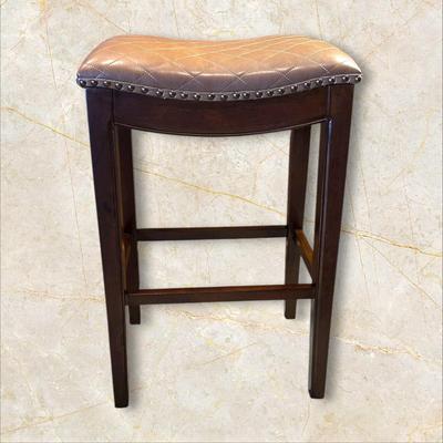 Pair of Solid Wood, Brown Quilted Saddle Bar Stools with Nail Head Trim