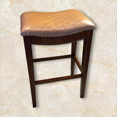 Pair of Solid Wood, Brown Quilted Saddle Bar Stools with Nail Head Trim