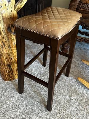 Pair of Solid Wood, Brown Quilted Saddle Bar Stools with Nail Head Trim