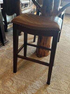 Pair of Solid Wood, Brown Quilted Saddle Bar Stools with Nail Head Trim