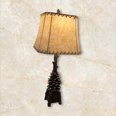 Rustic Pinecone and Log Style Base Lamp with a Leather Look, Laced Shade Choice #1