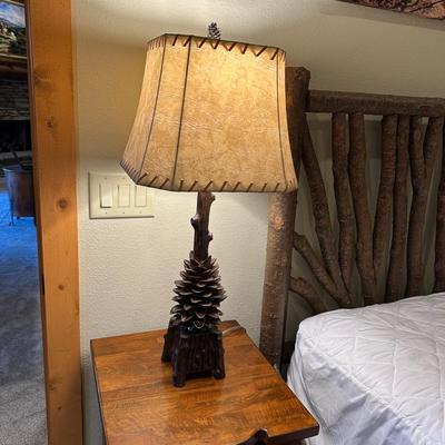 Rustic Pinecone and Log Style Base Lamp with a Leather Look, Laced Shade Choice #1