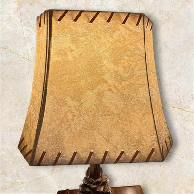 Rustic Pinecone and Log Style Base Lamp with a Leather Look Laced Shade Choice #2