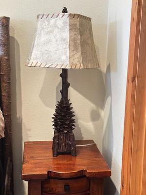 Rustic Pinecone and Log Style Base Lamp with a Leather Look Laced Shade Choice #2