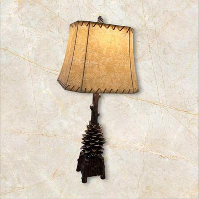 Rustic Pinecone and Log Style Base Lamp with a Leather Look Laced Shade Choice #2