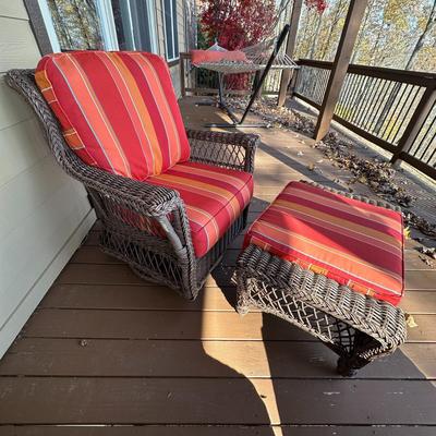 Wicker Porch Swivel Glider Chair with Ottoman and Orange Striped Cushions #1