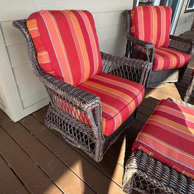Wicker Porch Swivel Glider Chair with Ottoman and Orange Cushions #1
