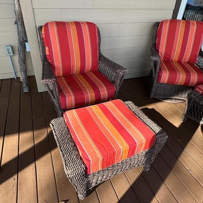 Wicker Porch Swivel Glider Chair with Ottoman and Orange Cushions #1