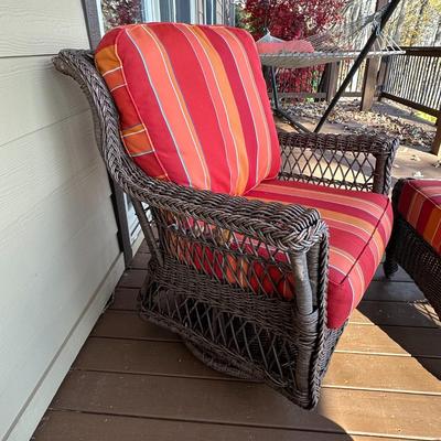 Wicker Porch Swivel Glider Chair with Ottoman and Orange Cushions #1