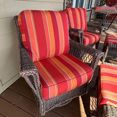Wicker Porch Swivel Glider Chair with Ottoman and Orange Cushions #1