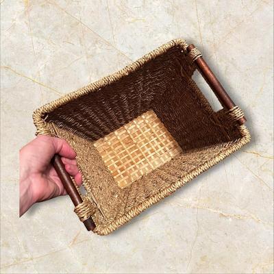 Wicker Waste Basket w Wooden Handles & Woven Base- 11" Tall