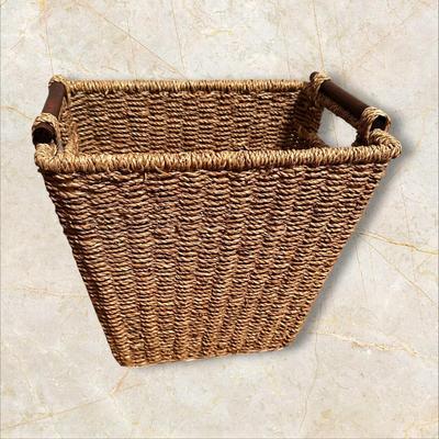 Wicker Waste Basket w Wooden Handles & Woven Base- 11" Tall