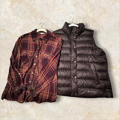 Eddie Bauer Black Puffer Vest XL & Plaid Shirt 1X