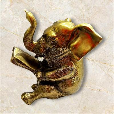 Heavy Brass Elephant Reading Newspaper Decor