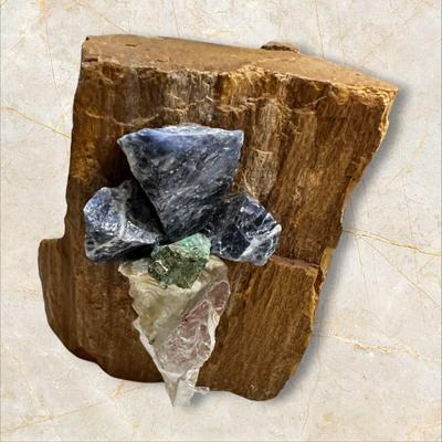 Petrified Wood with Gemstone Cross 4" Tall