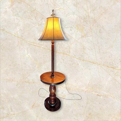 Tall Wooden Lamp with Round Table & Shade