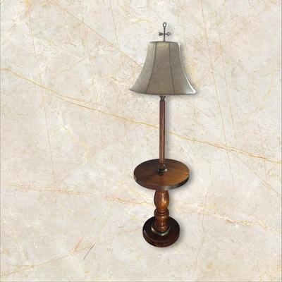 Tall Wooden Lamp with Round Table & Shade