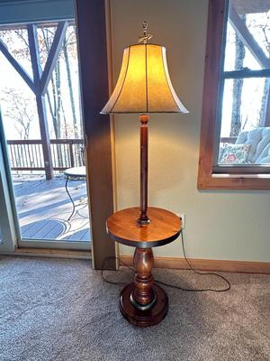 Tall Wooden Lamp with Round Table & Shade
