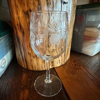 Set of 10 Wine Glasses & Carafe w Etched Pine Cones