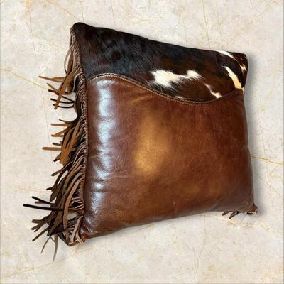 Animal Hide and Leather Throw Pillow with Fringe 20" Square