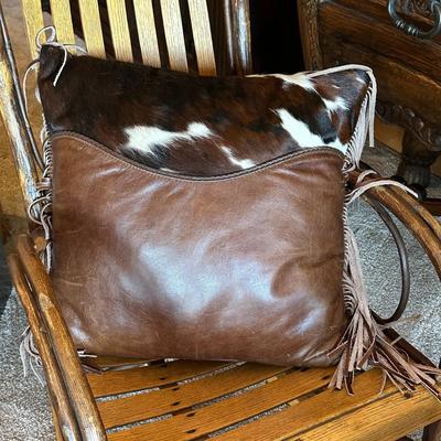 Animal Hide and Leather Throw Pillow with Fringe 20" Square