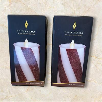 2 New Luminara Candy Striped Flame Effect Candles