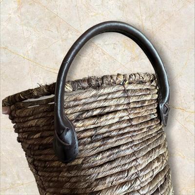Woven Basket with Leather Strap Handles 15" Wide
