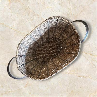 Woven Basket with Leather Strap Handles 15" Wide