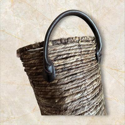 Woven Basket with Leather Strap Handles 15" Wide