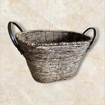 Woven Basket with Leather Strap Handles 15" Wide